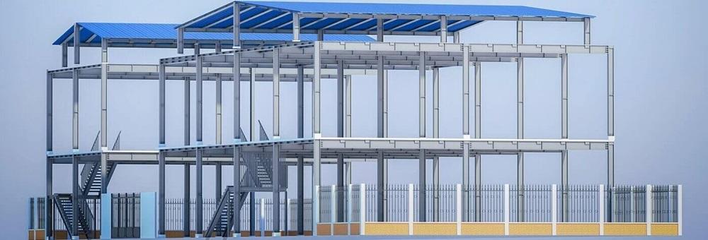 Prefabricated steel industrial factory is constructed based on pre-manufactured steel components